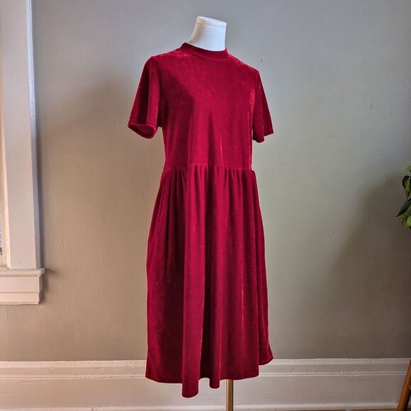 Vintage 90s Ashley Le Mieux Red Crushed Velvet Babydoll Dress Mock Neck Size L - Picture 2 of 8